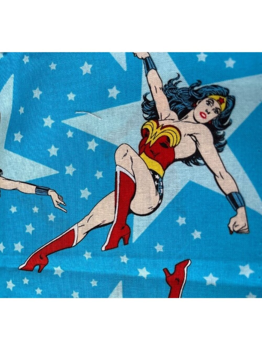 Vintage Wonder Woman Fabric 22"x18" Cotton Comic Print Blue w/Stars